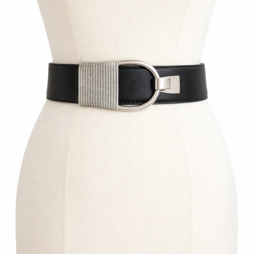 Black Leather Corset Statement Belt Silver Buckle Wide Waist Belt 41” Adjustable